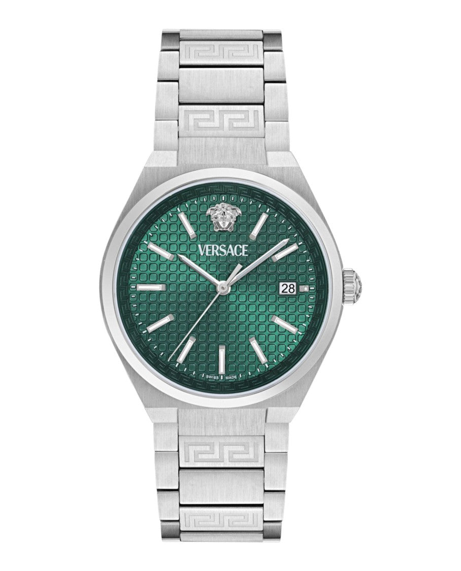 Versace V-Auria Bracelet Watch With Green Guilloche Dial And Stainless Steel Case