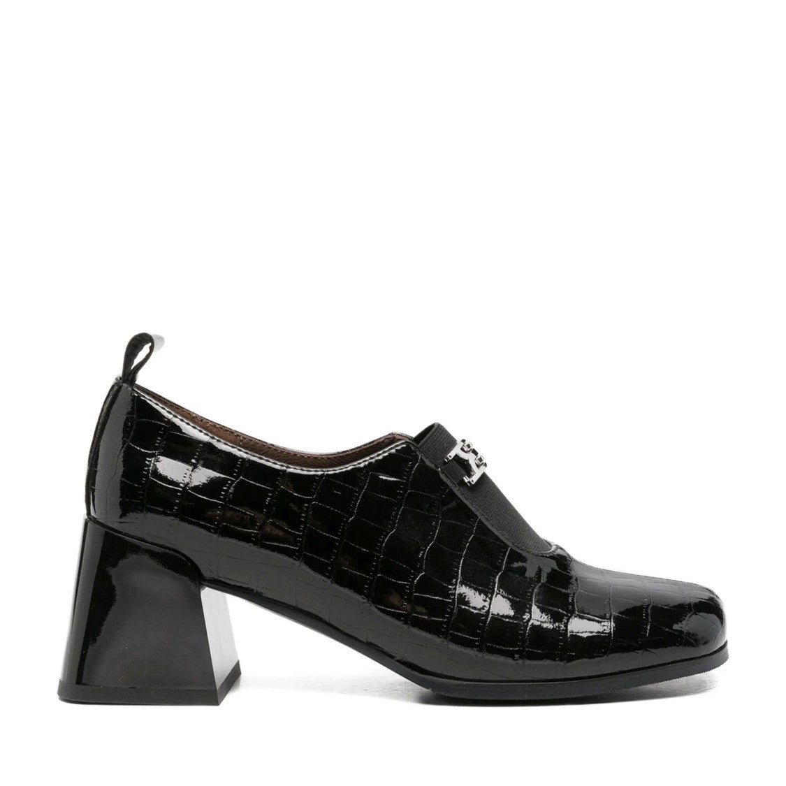 Linda Baumann Black Crocodile Texture Metallic Detail Patent Leather Dress Pumps