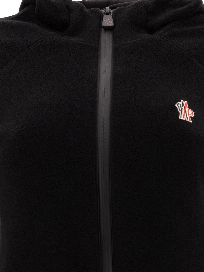 Moncler Grenoble Fitted Black Cardigan With Hood And Tricolor Stripe Accents