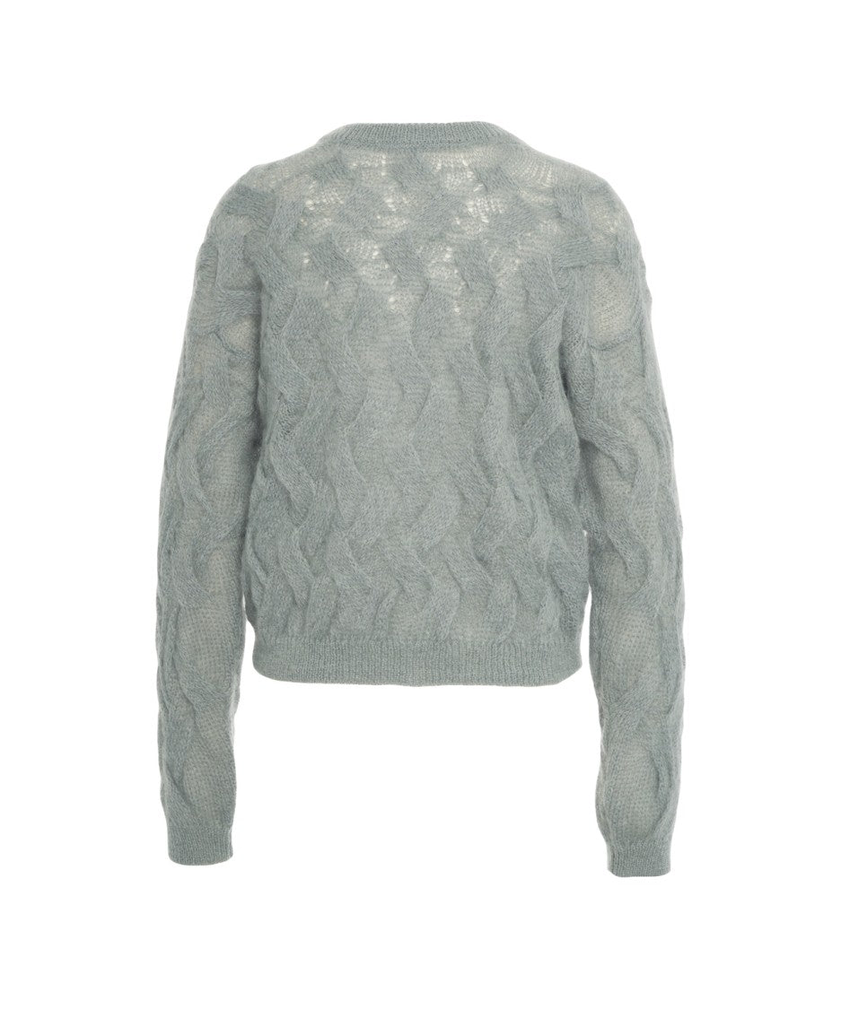 Semi Couture Cropped Gray Cable Knit Cardigan With Satin Bow Detail