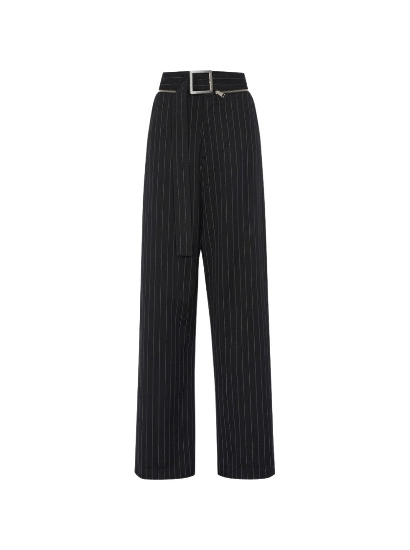 Jean Paul Gaultier Pinstripe Wool Belted Suit Pants Black