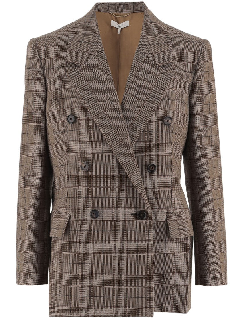 Chloé Double-Breasted Wool Jacket With Classic Lapel And Check Pattern