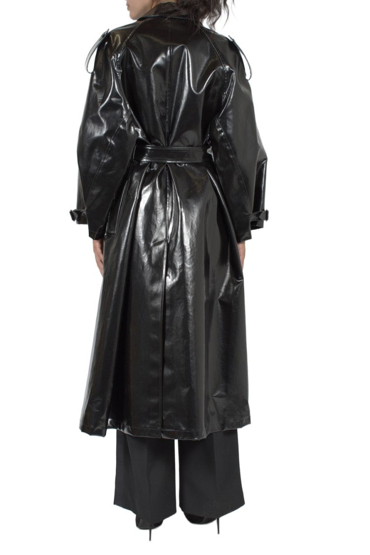 Saint Laurent Black Glossy Long Belted Polyurethane Coat
