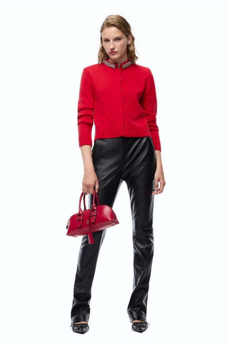 Pinko Red Embellished Collar Wool-Blend Cardigan