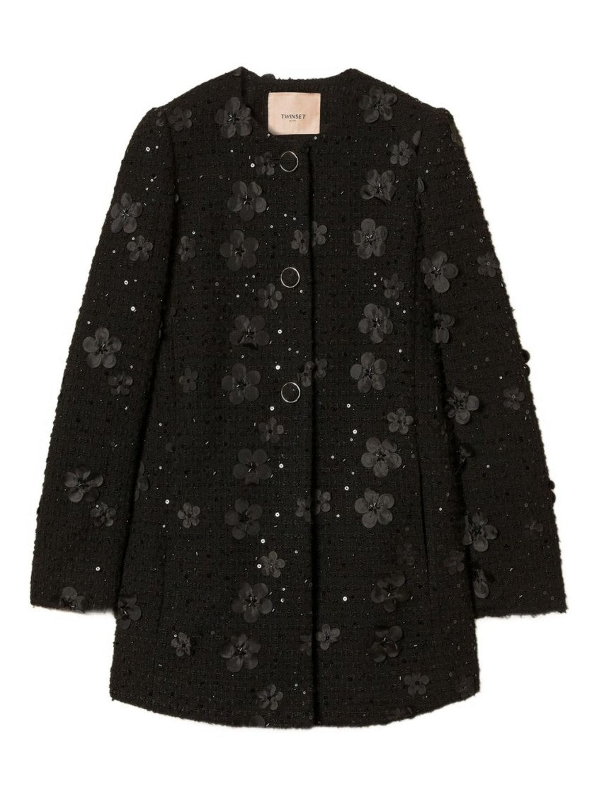 Twin-Set Textured Black Coat With Floral Appliqués