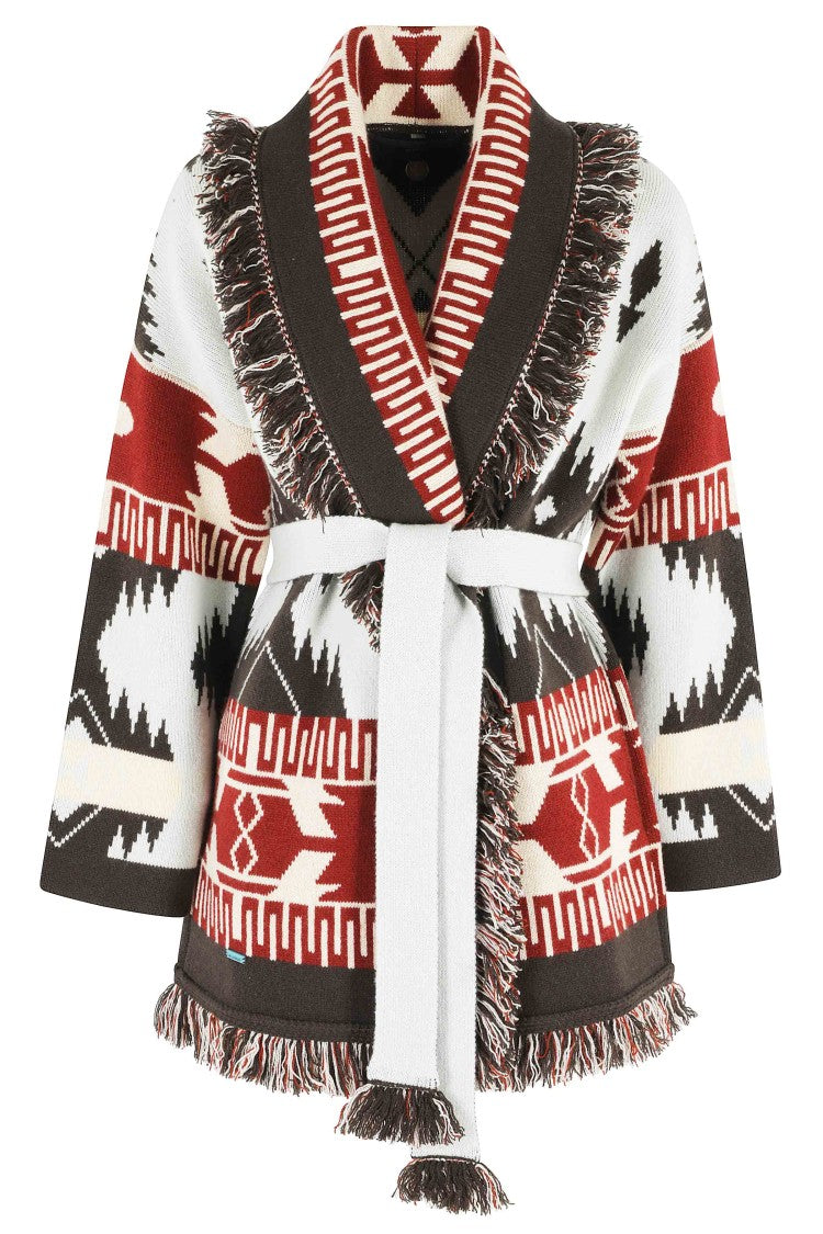 Alanui Dark Blue Cyan Cashmere-Blend Icon Jacquard Fringe Cardigan