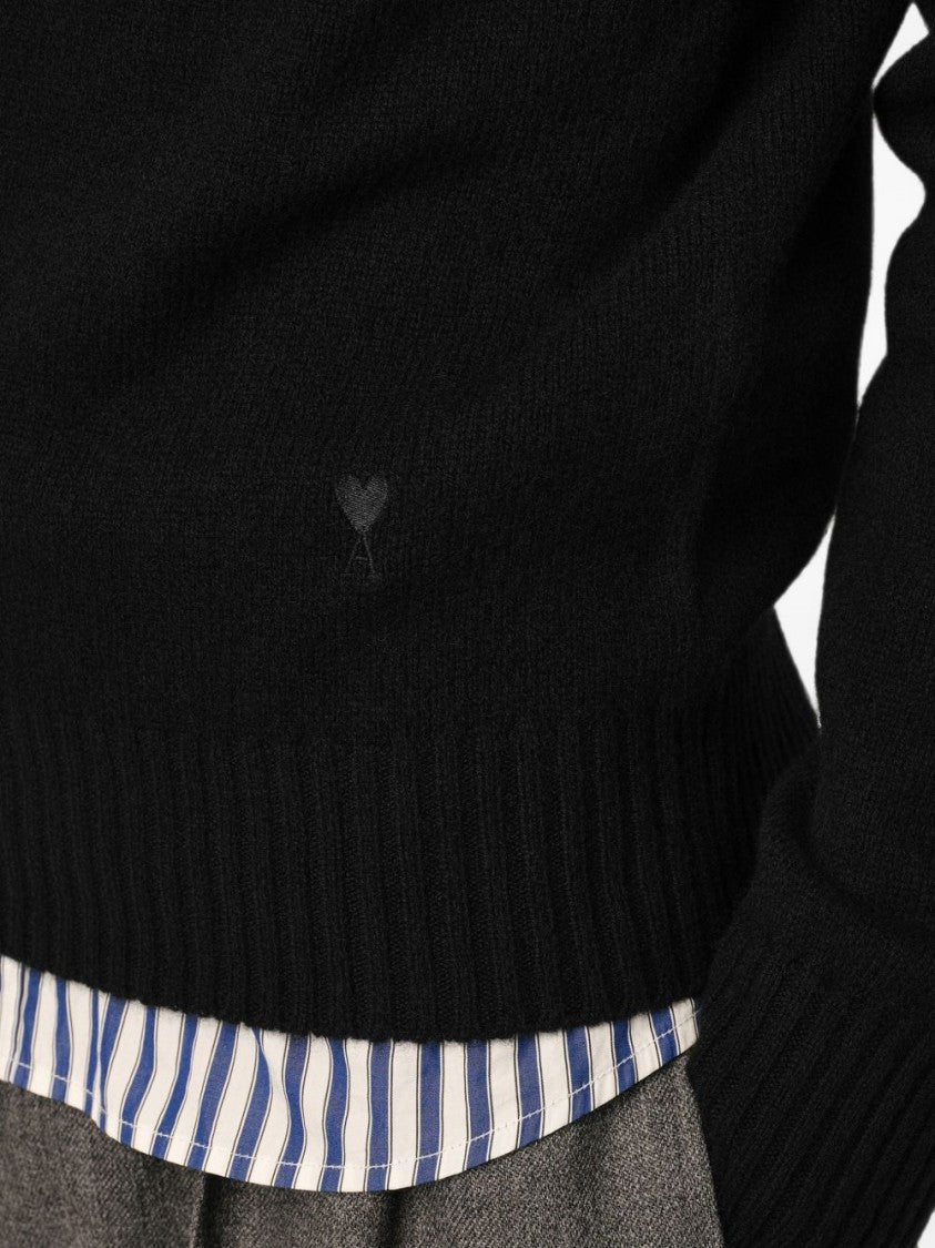 Ami Paris Relaxed Fit Black Sweater With Subtle Embroidered Heart Detail