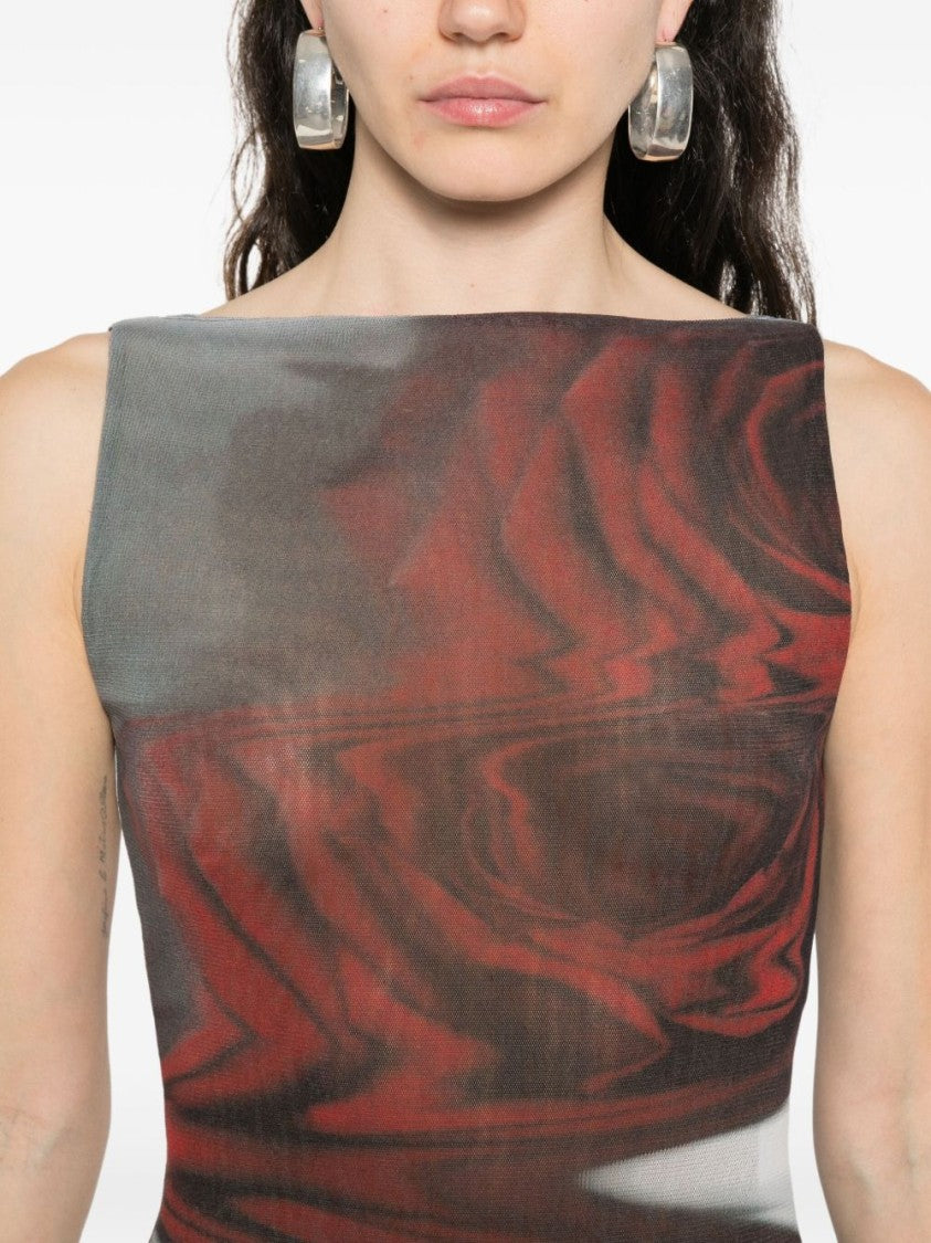 Jean Paul Gaultier Dark Red Roses Print Boat Neck Dress