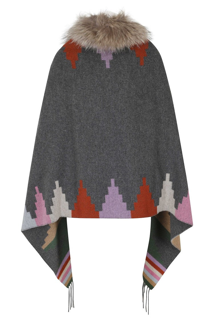 Bazar Deluxe Gray Geometric Print Faux Fur Neckline Wool Poncho