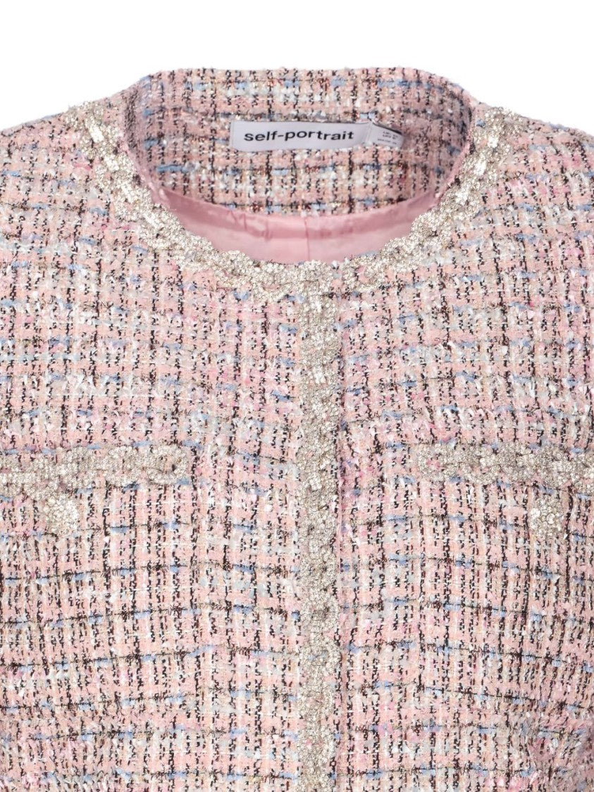 Self-Portrait Cropped Textured Tweed Jacket With Plush Cuffs