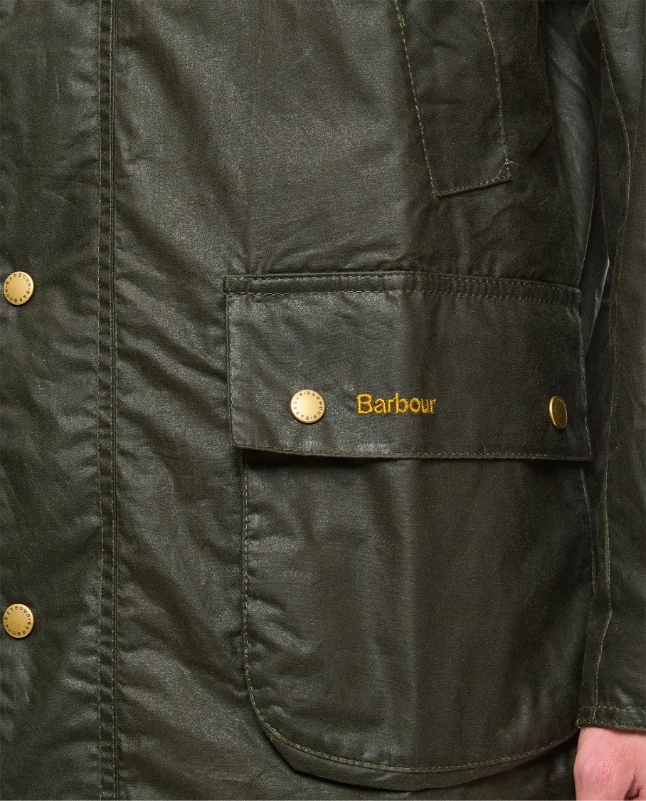 Barbour Dark Green Waxed Jacket With Ribbed Point Collar