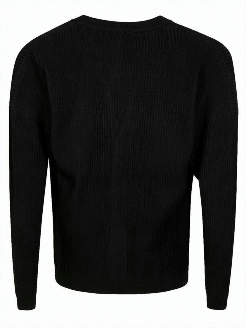 Maison Kitsuné Cropped Black Ribbed Knit Cardigan With V-Neckline And Embroidered Detail