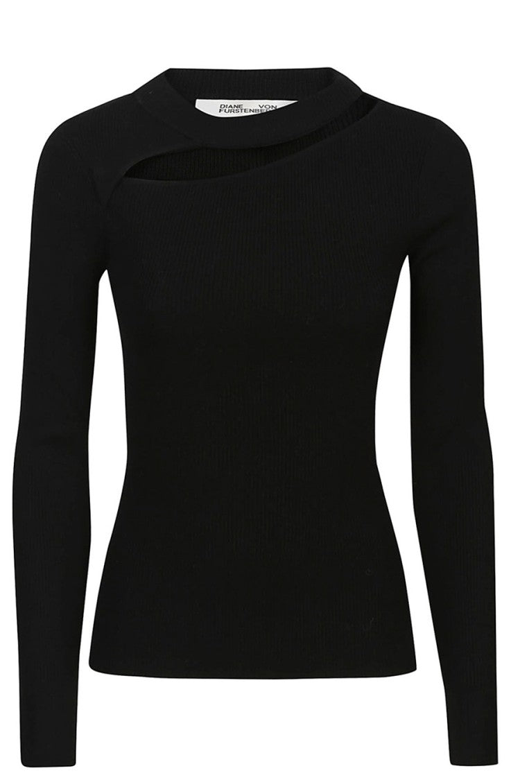 Diane Von Furstenberg Asymmetrical Cutout Black Top Ribbed Texture