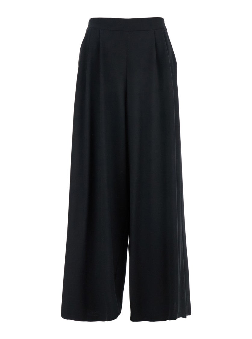 Plain Wide-Leg Black Pants With Elastic Waistband