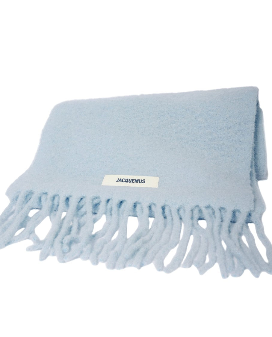 Jacquemus Fringed Wool Blend Scarf With Embroidered Grosgrain Logo