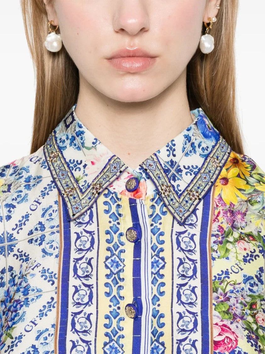 Camilla Vibrant Floral Print Silk Shirt With Classic Collar