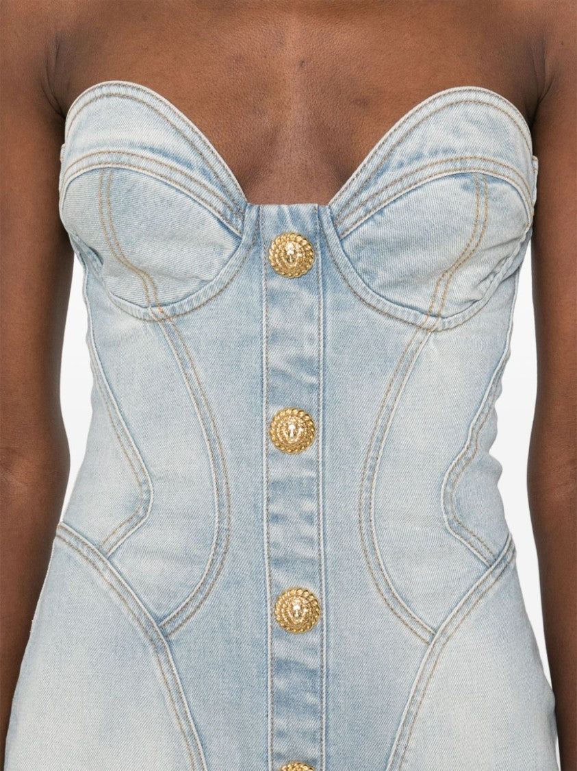 Balmain Light Blue Strapless Sweetheart Neck Dress