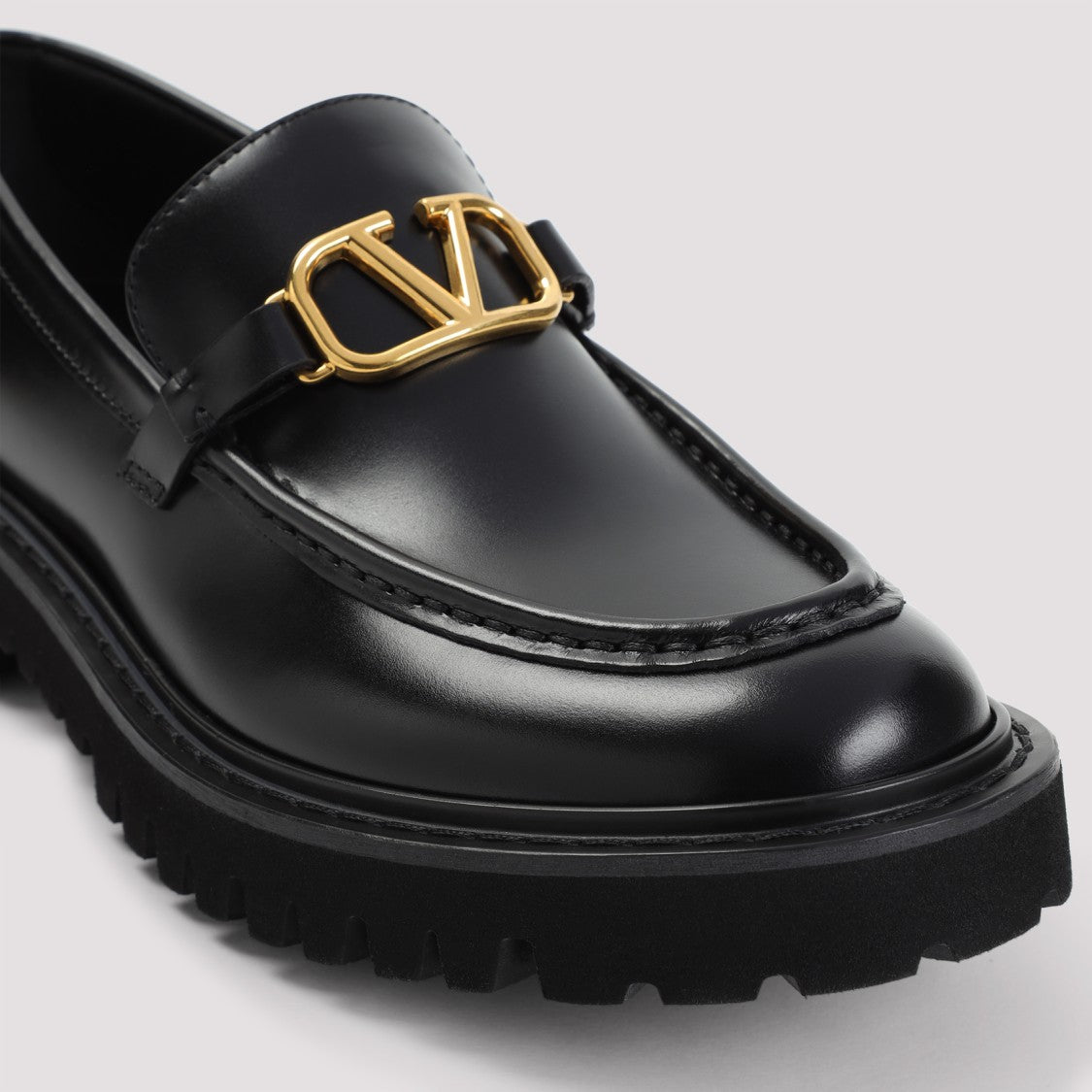 Valentino Black Leather Loafers With Gold-Tone V-Logo
