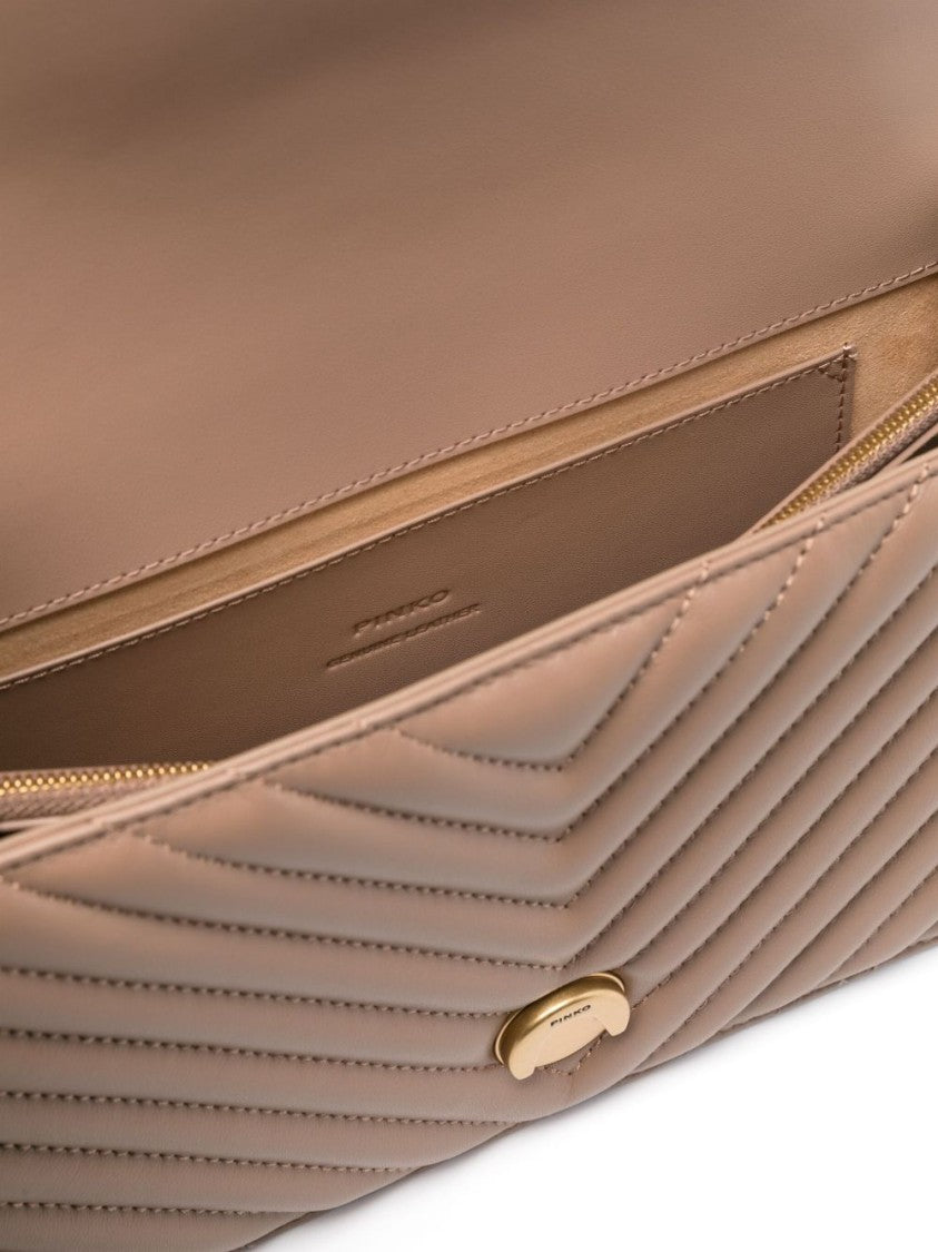 Pinko Chevron Quilted Beige Calf Leather Shoulder Bag