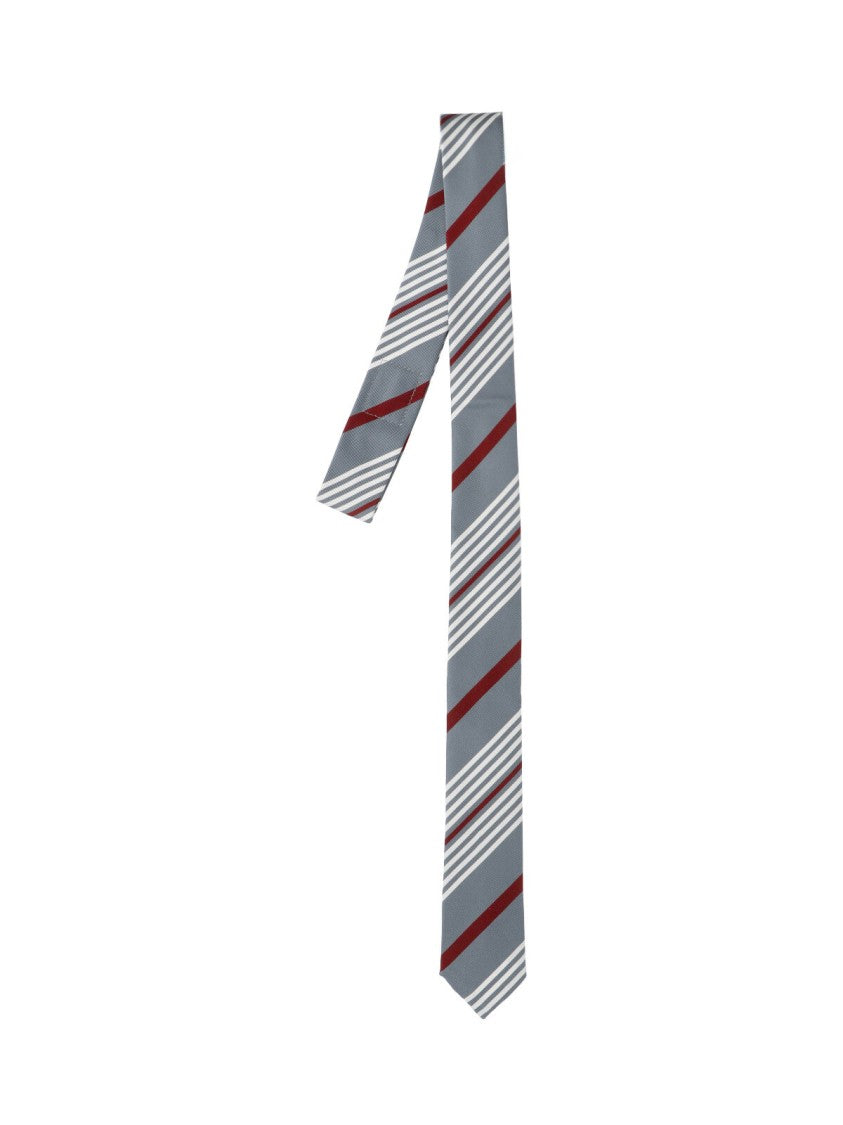 Thom Browne Diagonal Striped Grey And Deep Red Slim Necktie