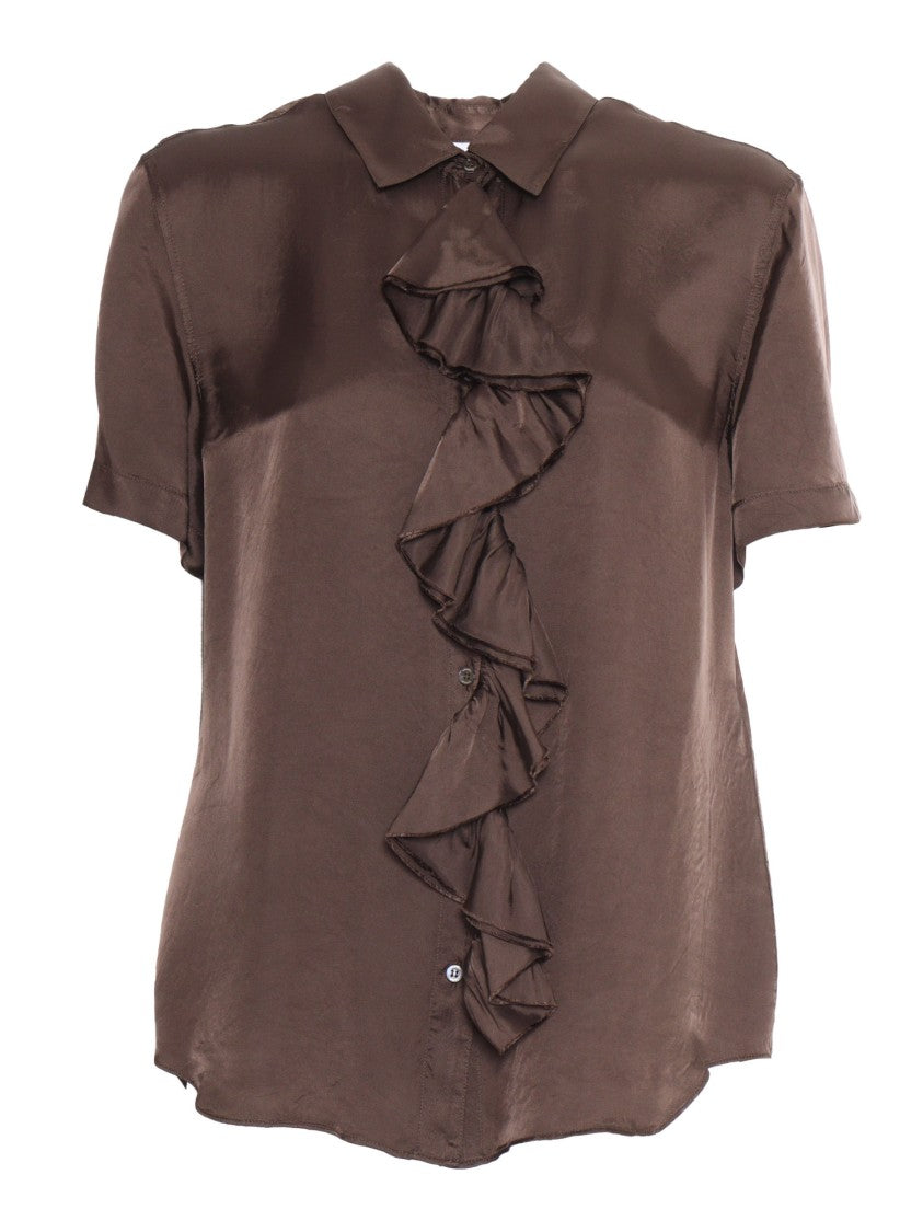 Aspesi Short-Sleeved Blouse With Delicate Ruffle Detail And Lustrous Finish