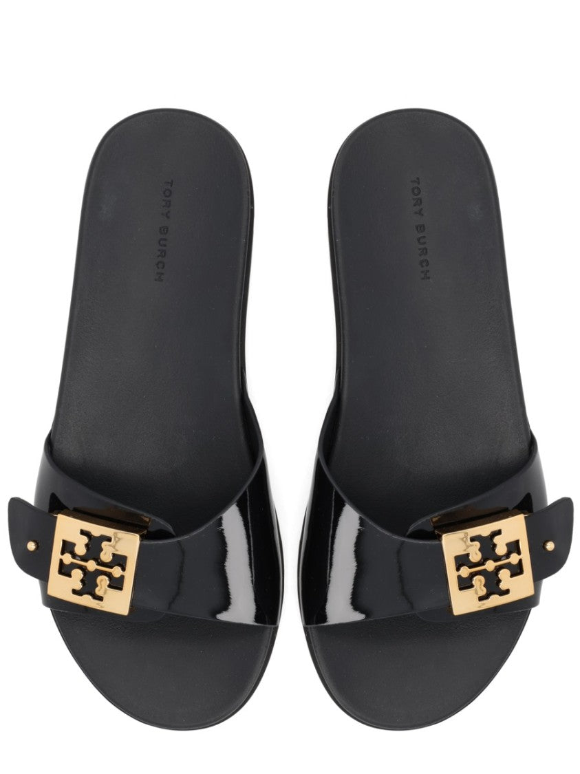 Tory Burch Glossy Black Polyurethane Strap Sandals