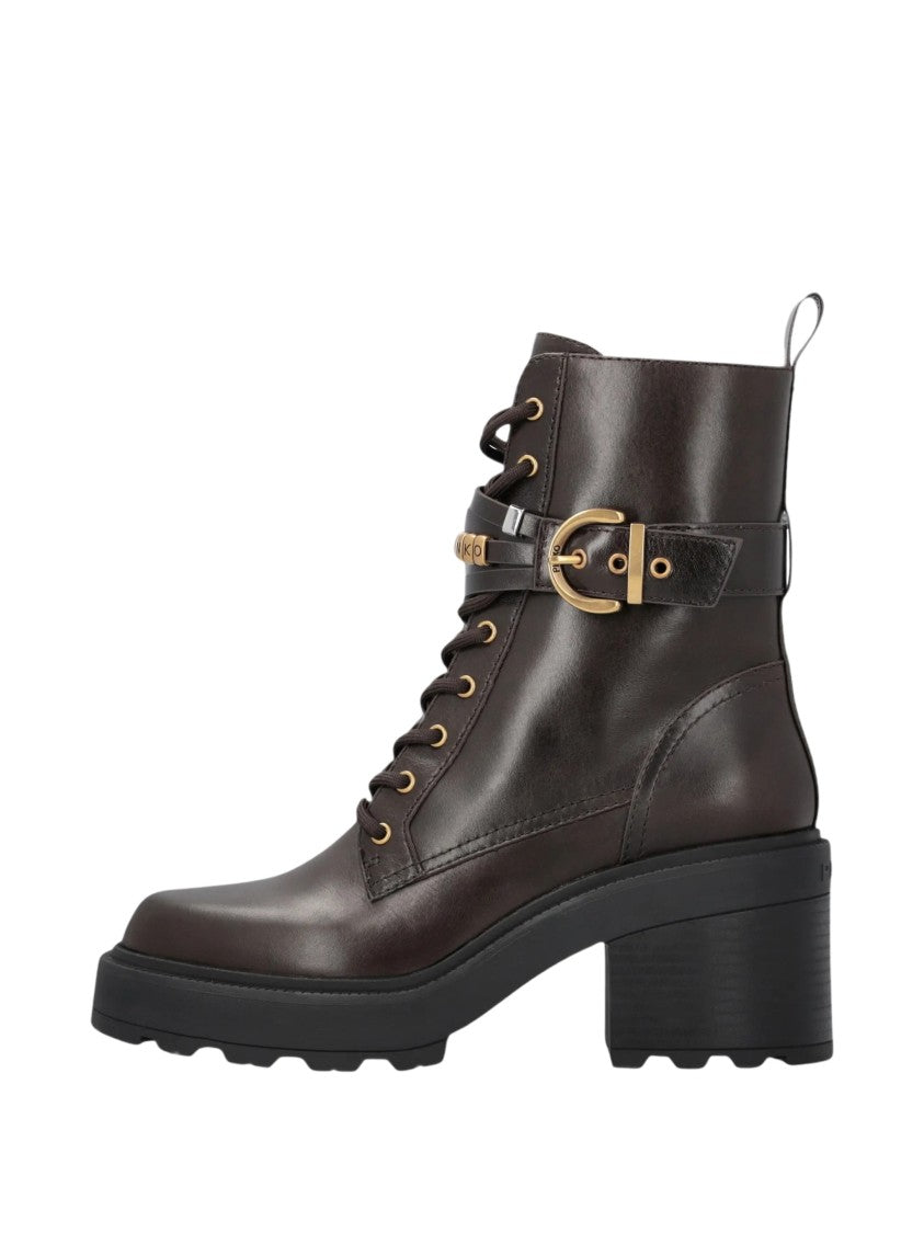 Pinko Deep Brown Leather Ankle Boots With Gold-Tone Accents