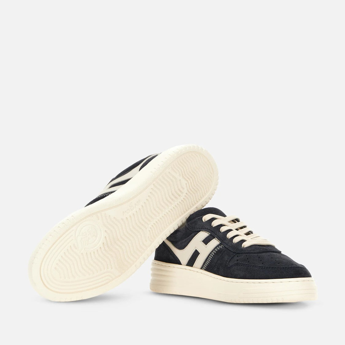 Hogan Lace-Up Navy Calfskin Shoes With Off-White Accents