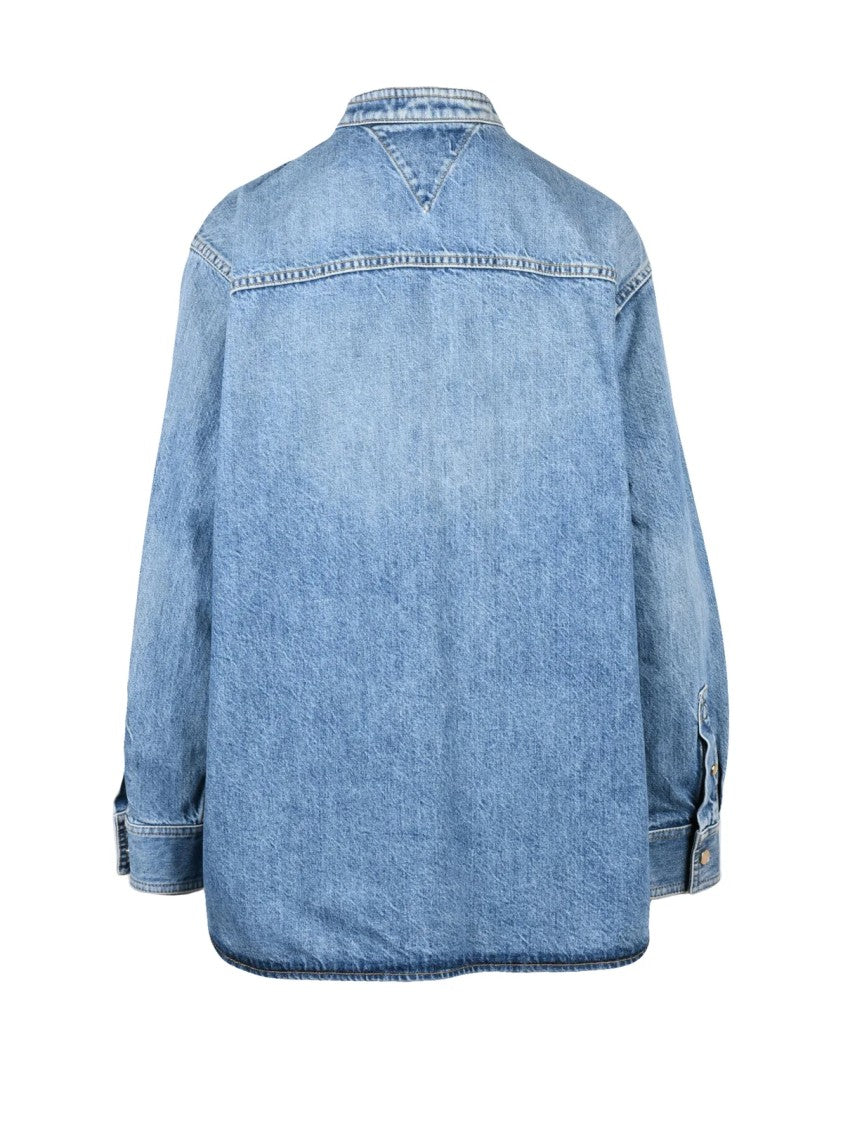Bottega Veneta Light Blue Mandarin Collar Cotton Denim Shirt