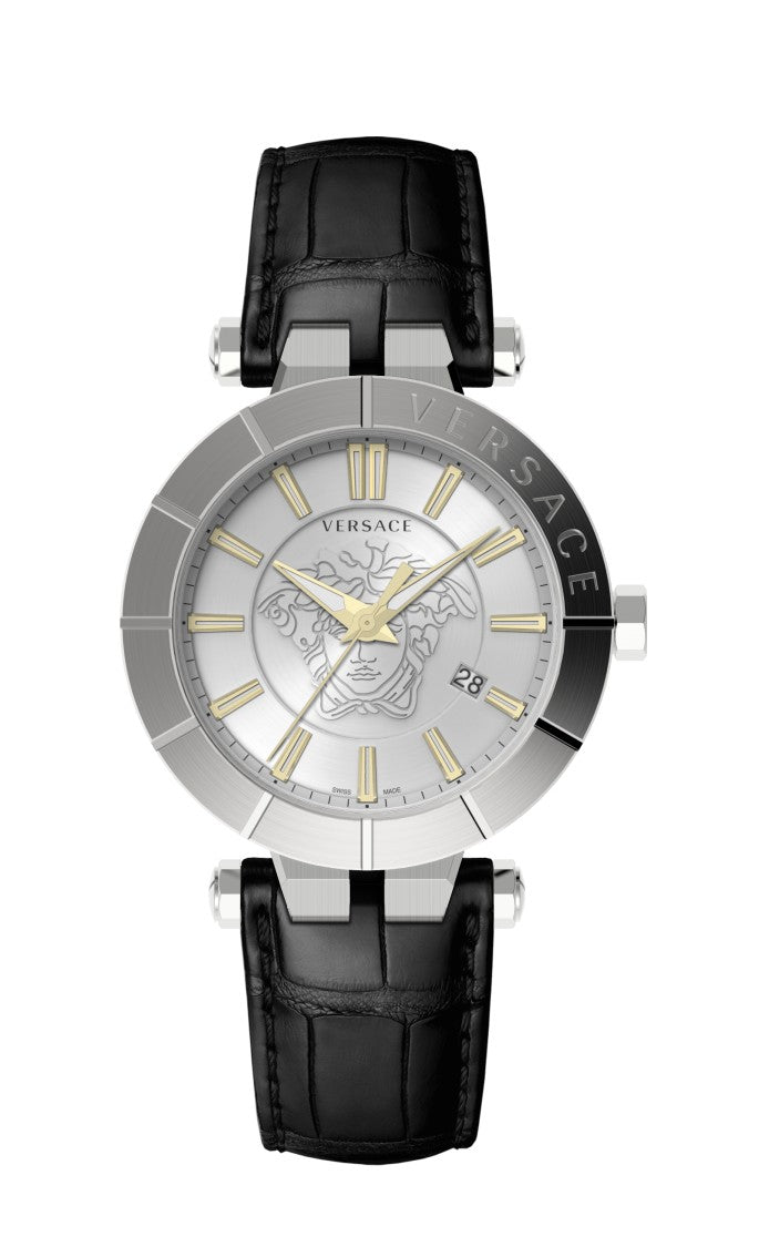 Versace Polished Silver-Tone Versace V-Race Timepiece With Leather Strap