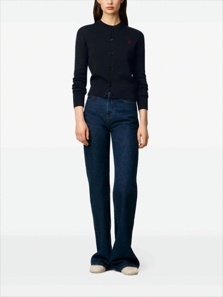 Ami Paris Cropped Wool Cardigan With Embroidered Heart Detail