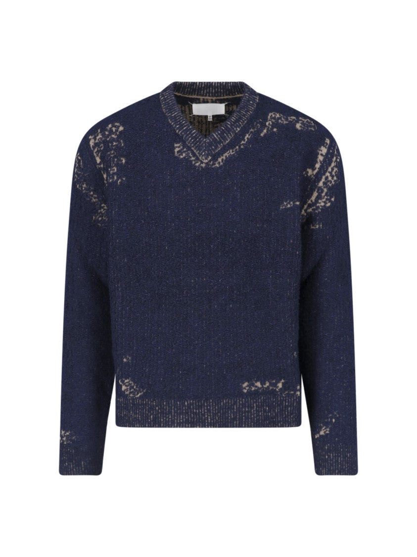 Maison Margiela Distressed Knit Sweater With V-Neckline