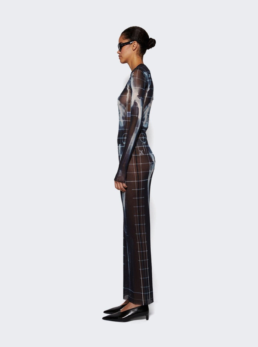 Jean Paul Gaultier Squeletor Printed Mesh Long Dress Black And Navy