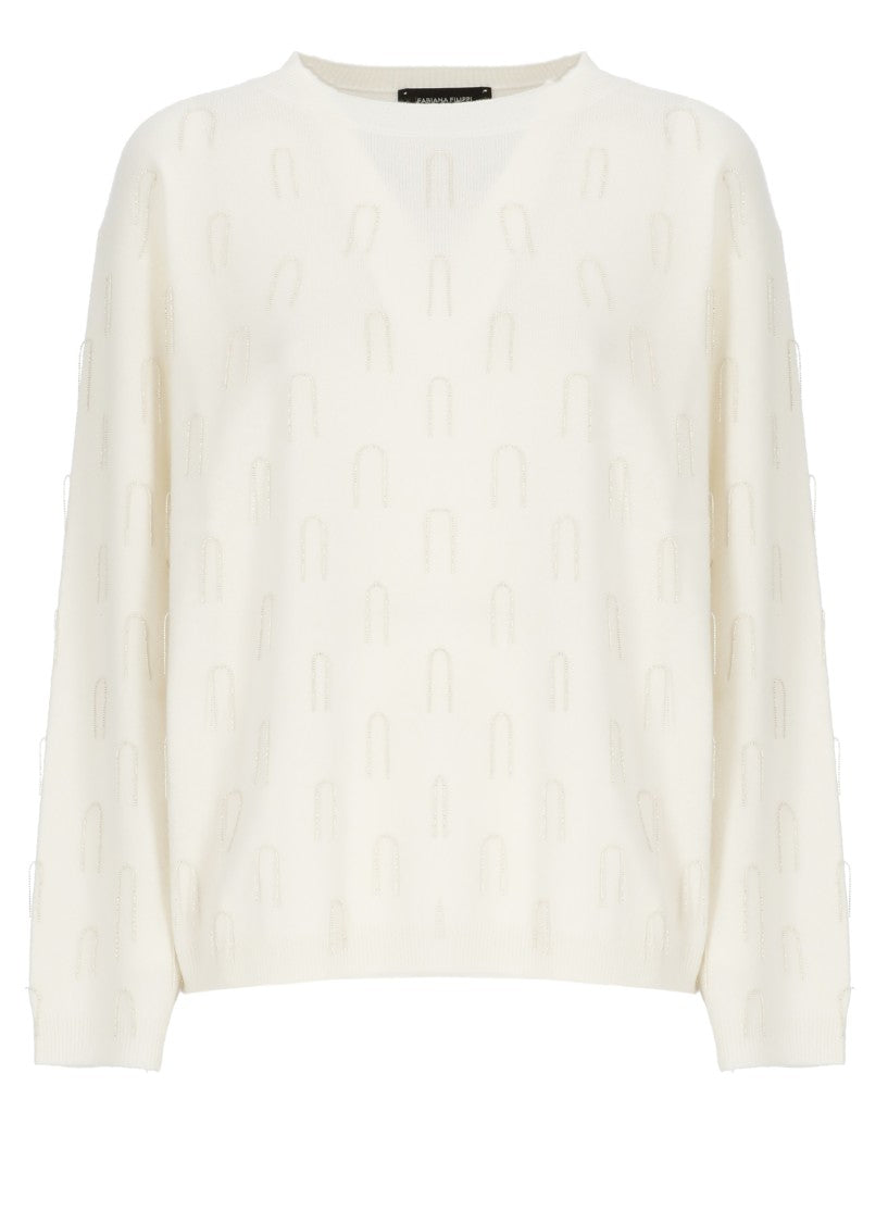 Fabiana Filippi Ivory Wool Blend Sweater With Ribbed Trims And Point Detail
