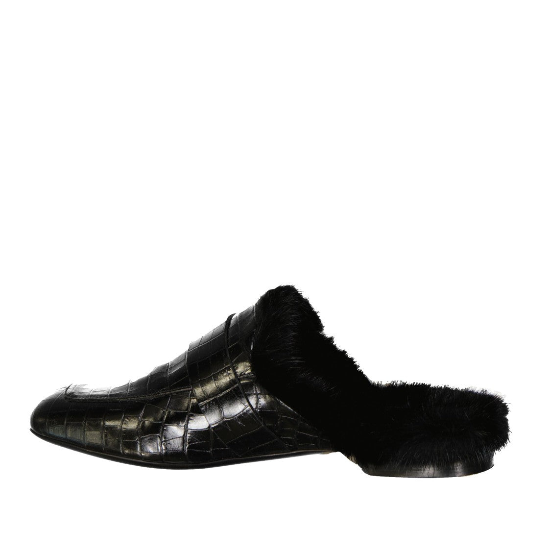 Eleventy Croc-Embossed Leather Mules With Plush Fur Lining