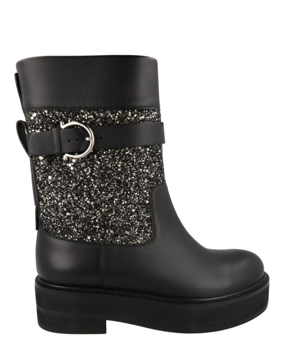 Ferragamo Glitter-Accented Ankle Boots With Block Heel