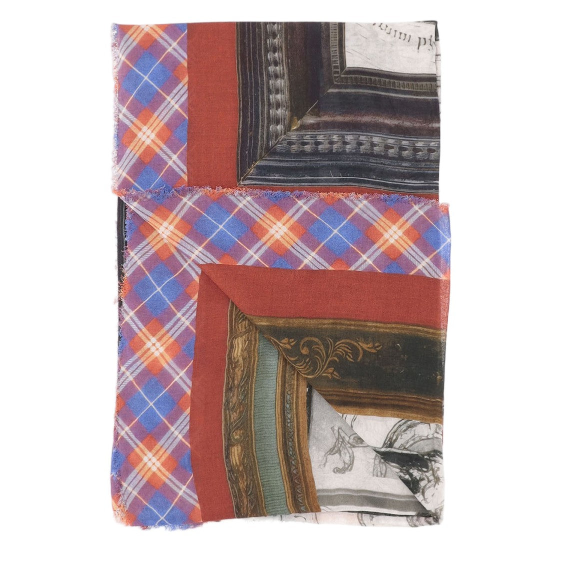 Faliero Sarti Rectangular Fringed Scarf With Artistic Prints And Plaid Border