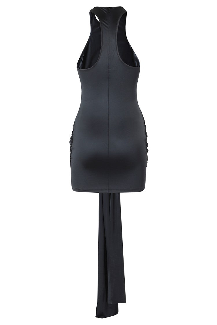 Venuja Black Adjustable-Bow Draped Polyamide Mini Dress
