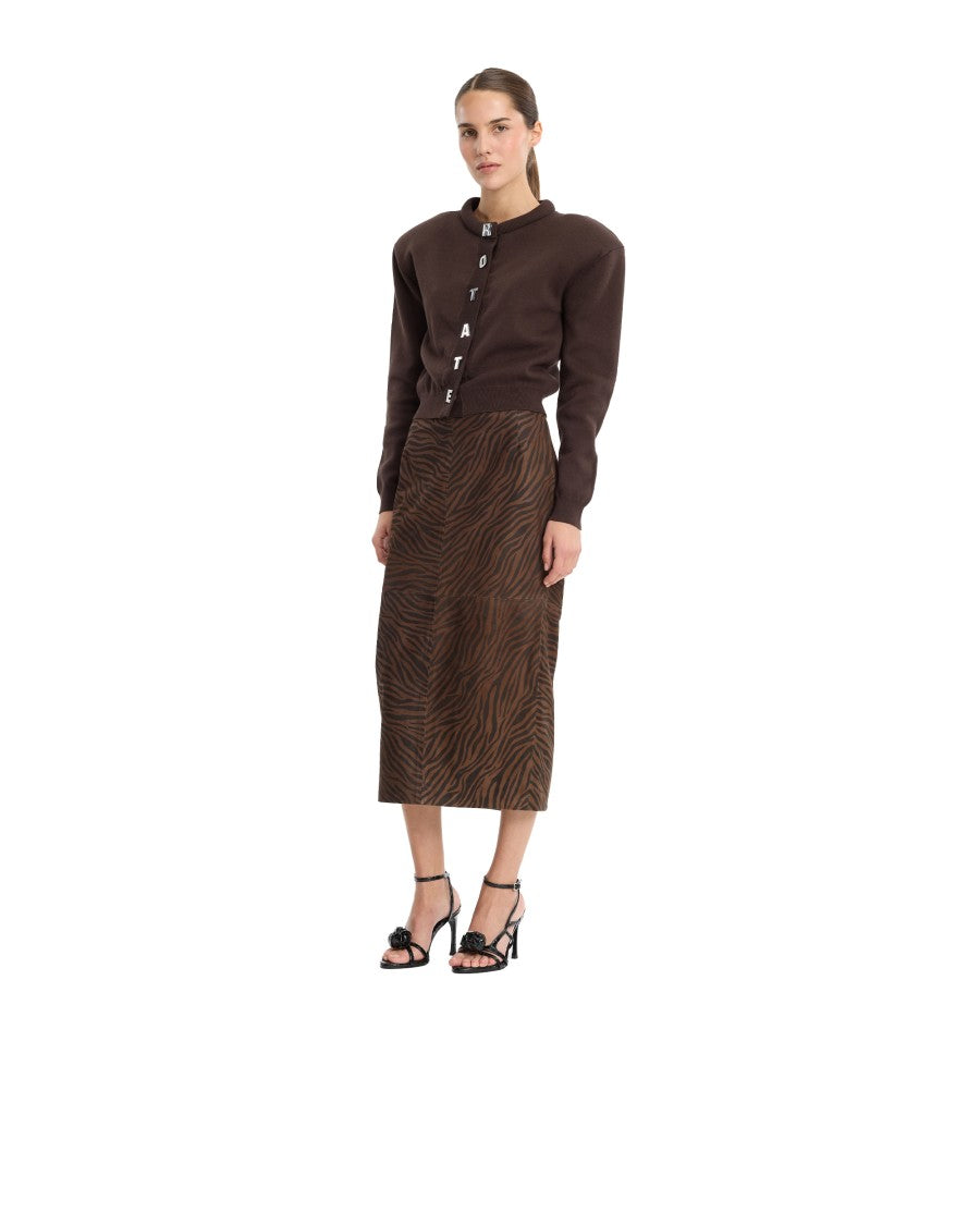 Rotate Cropped Ribbed Knit Cardigan With Metallic Letters