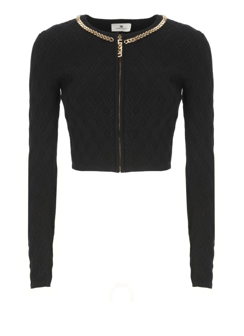 Elisabetta Franchi Fitted Black Cardigan With Gold Chain Detailing