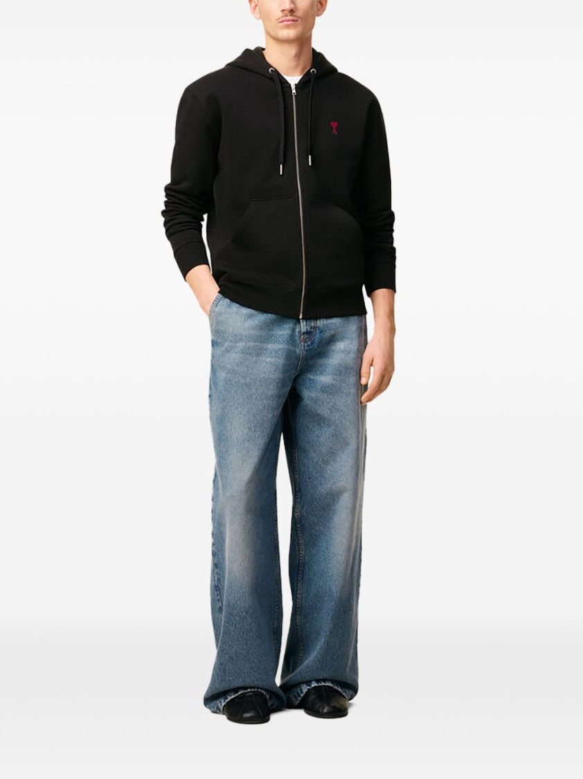 Ami Paris Zip-Up Hoodie With Drawstring Hood And Heart Embroidery