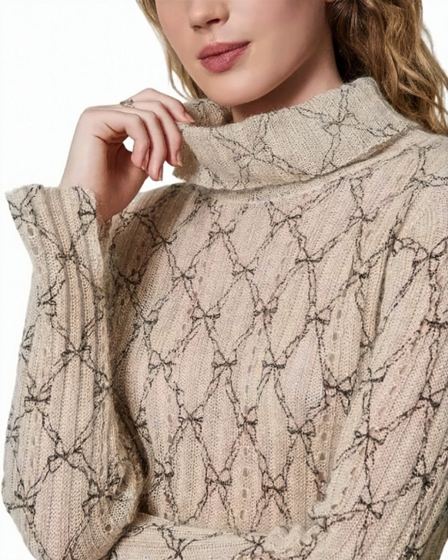 Twin-Set White Cream/Black Mohair-Blend Metallic Bow Print Turtleneck Top