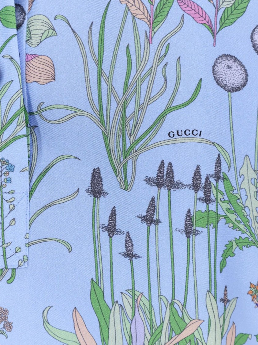 Gucci Light Blue Floral Print Silk Twill Shirt