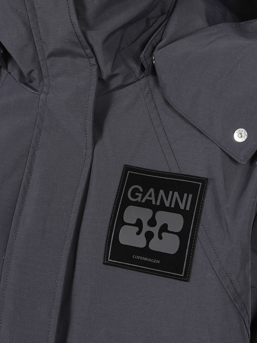 Ganni Long Grey Coat With Removable Hood