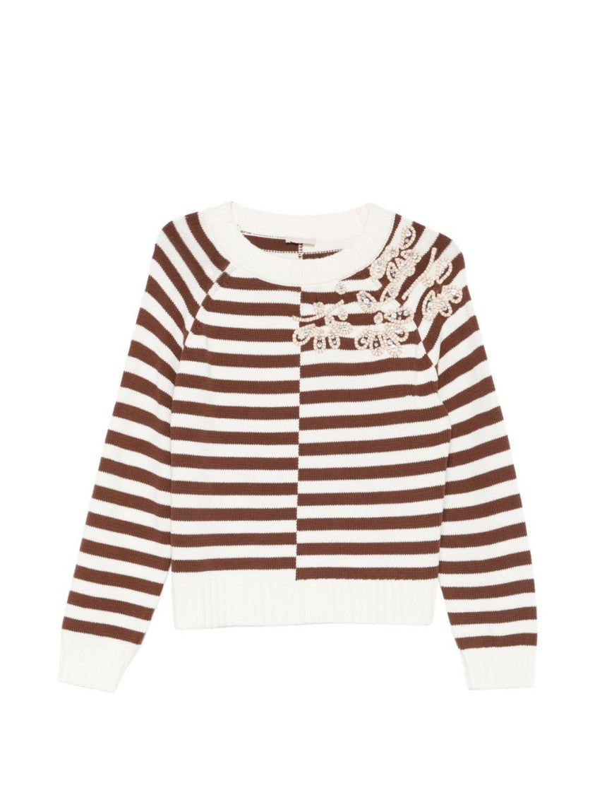 Liu Jo White Brown Striped Crewneck Sweater