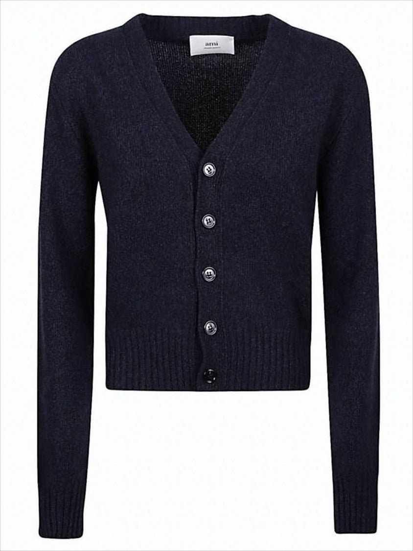 Ami Cropped Blue Cardigan With Deep V-Neckline