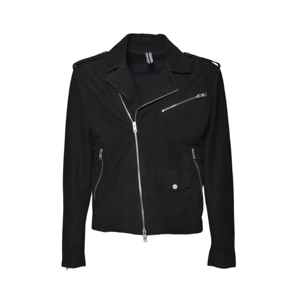 Dfour Asymmetrical Front-Zipper Leather Jacket With Multiple Pockets
