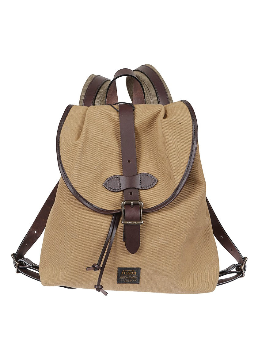 Filson Structured Tan Cotton Drawstring Backpack With Leather Accents