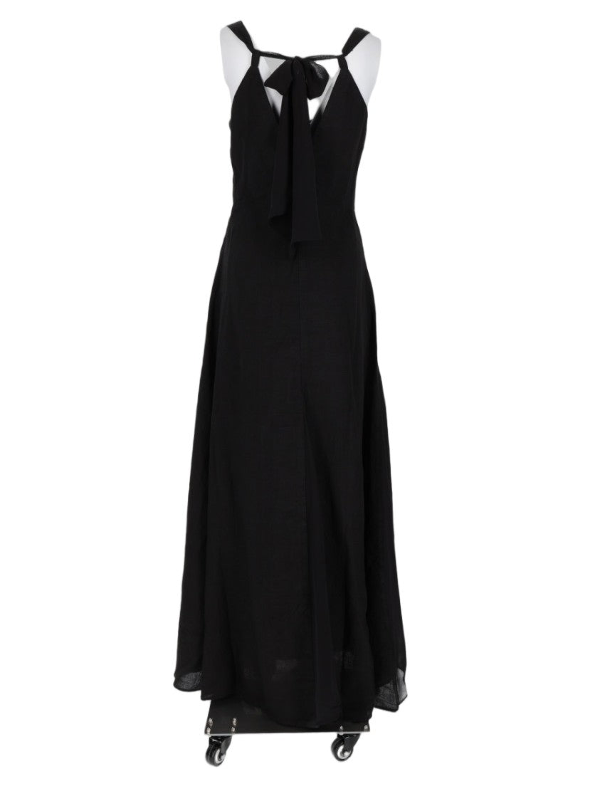 120% Lino Black Sleeveless V-Neck Linen-Silk Blend Midi Dress
