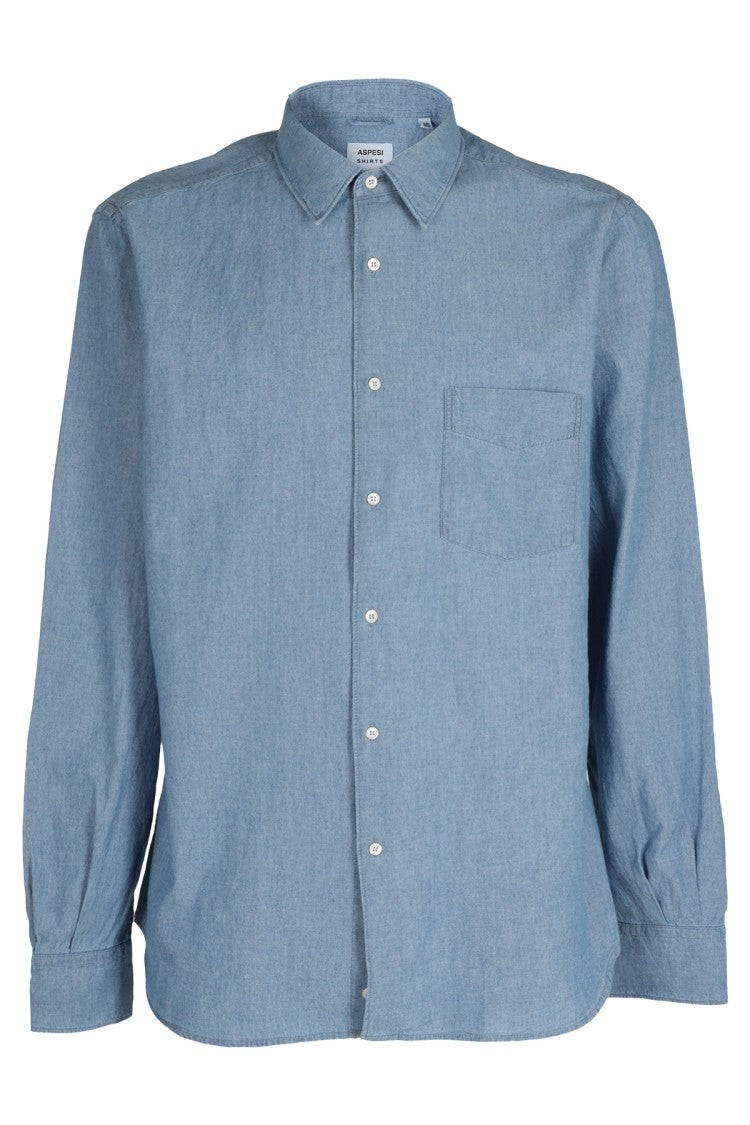 Aspesi Fitted Light Denim Chambray Shirt With Pointed Collar